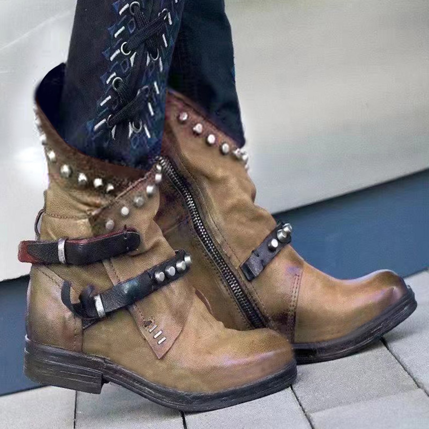 Women's Purple Studded Ankle Boots with Side Zipper and Buckle Straps, Punk Rock Style Footwear for Bold Fashion Statements 2025 - Image 4