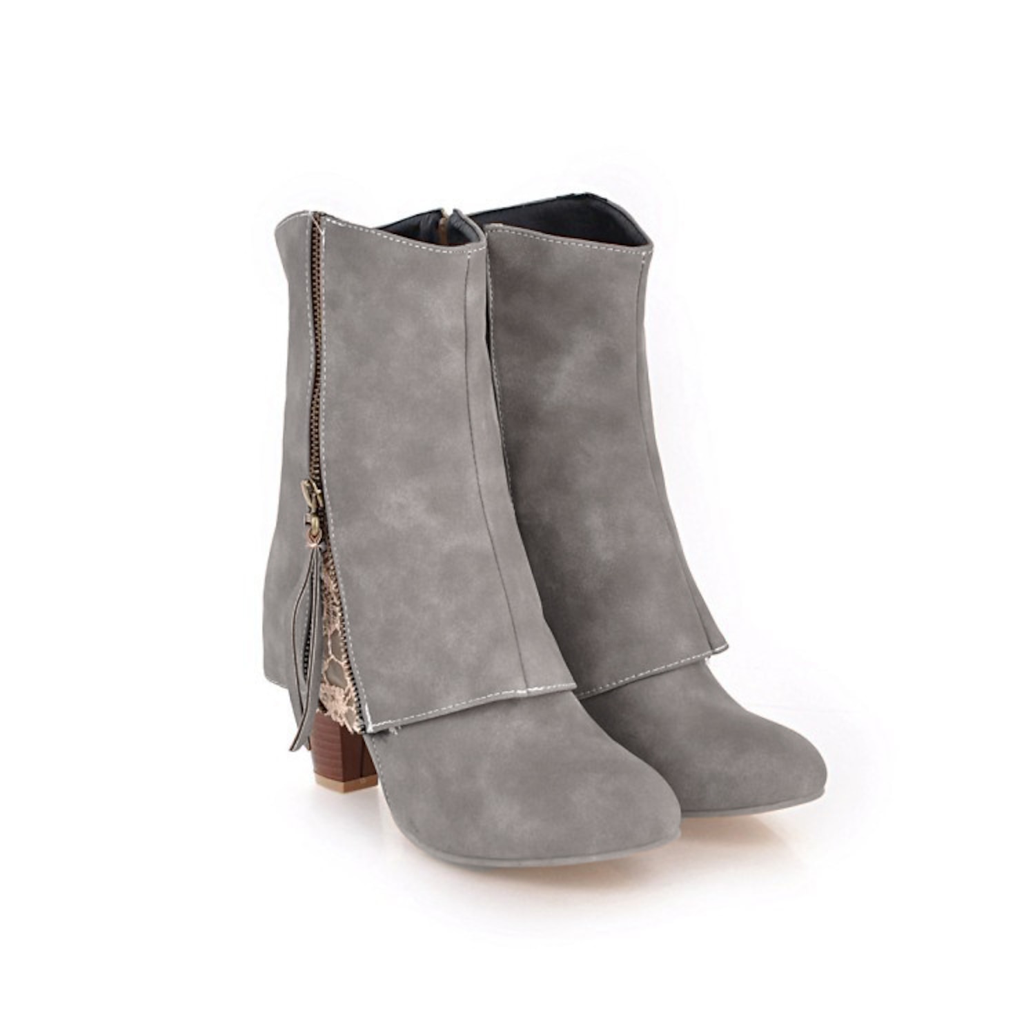 Women's Brown Ankle Boots with Lace Detailing, Side Zipper, and Stacked Heel - Perfect for Casual and Boho-Chic Outfits 2025 - Image 4