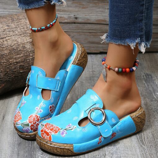 Women's Floral Embroidered Slip-On Clogs with Buckle Detail and Wedge Heel - Comfortable Vintage Casual Shoes 2025 - Image 5