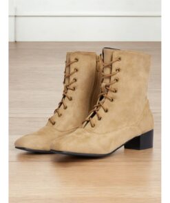 Women's Tan Suede Lace-Up Mid-Calf Boots with Side Zipper – Vintage Casual Shoes for Everyday Wear 2025
