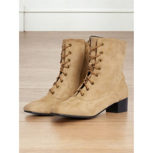 Women's Tan Suede Lace-Up Mid-Calf Boots with Side Zipper – Vintage Casual Shoes for Everyday Wear 2025