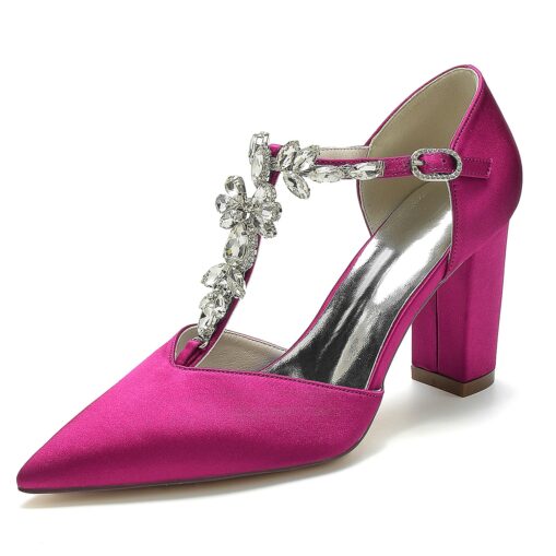 Women's Wedding Shoes Pumps Bridal Shoes Rhinestone Chunky Heel Pointed Toe Luxurious Satin Buckle T-Strap Wine Black White 2025 - Image 9