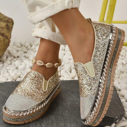 Women's Glitter Slip-On Loafers – Sparkly Rhinestone Embellished Platform Shoes for Casual Wear and Summer Outings 2025