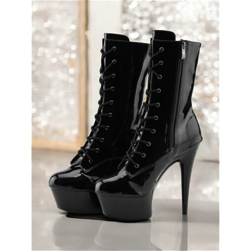 Women's Sexy Heels Black Patent Faux Leather Platform Stiletto Boots with Lace-Up Design and Side Zipper, Ideal for Night Out and Clubwear 2025