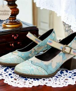 Women's Heels Pumps Handmade Shoes Vintage Shoes Wedding Party Color Block Cone Heel Round Toe Elegant Vintage Leather Buckle Light Blue 2025