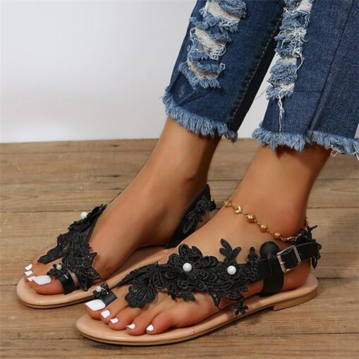 Women's White Floral Lace Bridal Sandals – Handmade Flat Wedding Sandals for Beach and Boho Weddings 2025 - Image 2