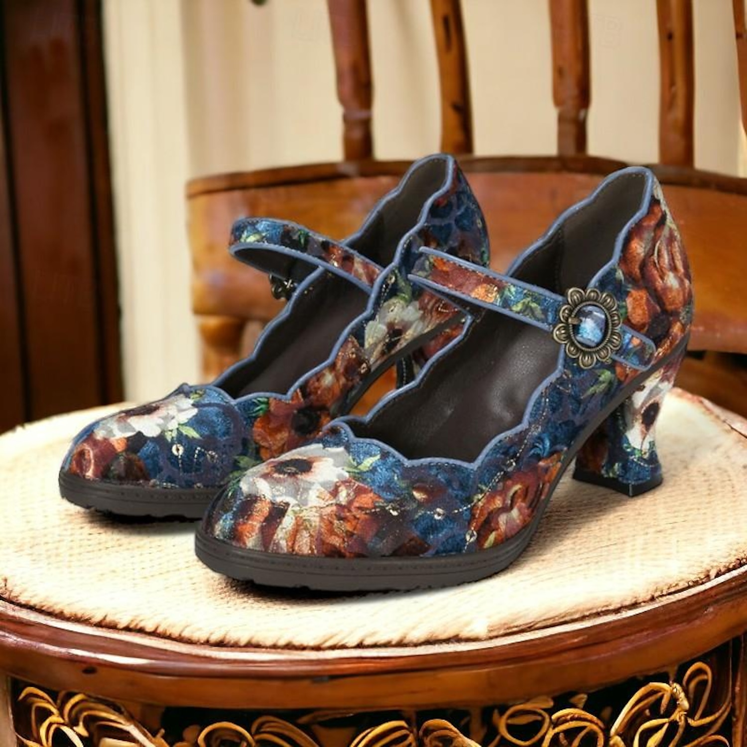 Women's Vintage Floral Mary Jane Heels – Premium Cowhide Leather Block Heel Shoes for Retro Style and Casual Wear 2025 - Image 3