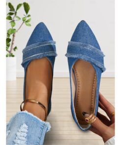 Women's Denim Pointed-Toe Flats with Frayed Detailing - Casual and Chic Shoes for Everyday Outings and Spring Fashion 2025