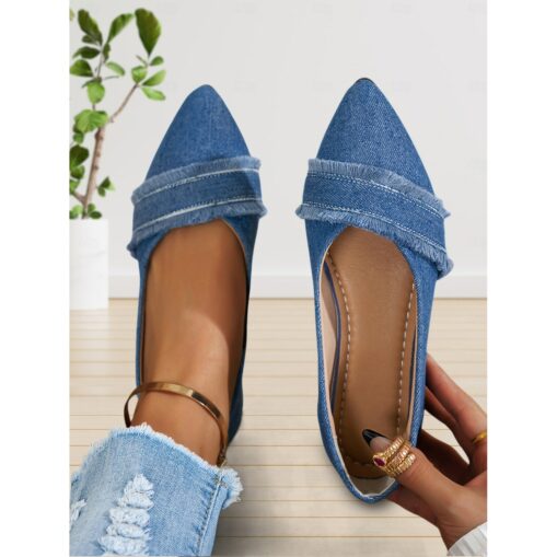 Women's Denim Pointed-Toe Flats with Frayed Detailing - Casual and Chic Shoes for Everyday Outings and Spring Fashion 2025