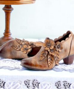 Women's Vintage Brown Premium Cowhide Leather Ankle Boots with Floral Embellishments – Retro Style for Fall and Winter 2025