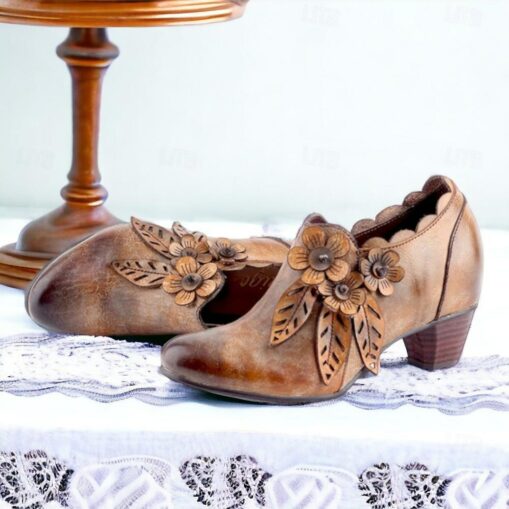 Women's Vintage Brown Premium Cowhide Leather Ankle Boots with Floral Embellishments – Retro Style for Fall and Winter 2025