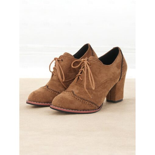 Women's Faux Suede Lace-Up Oxford Shoes with Block Heels – Vintage Style Brogue Pumps for Casual and Office Wear 2025