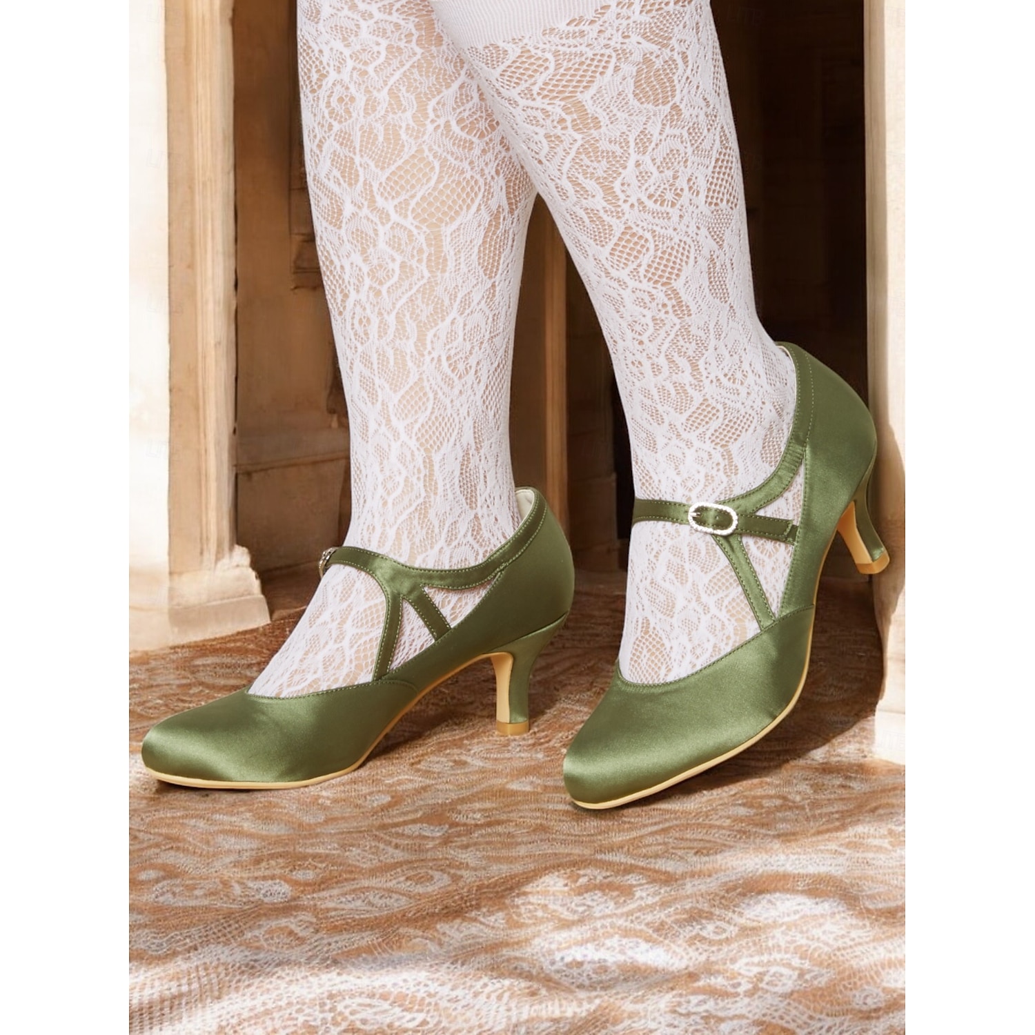 Women's Sage Green Satin T-Strap Heels – Vintage Mid Heel Pumps with Buckle Closure, Elegant Shoes for Weddings & Ballroom Dance 2025