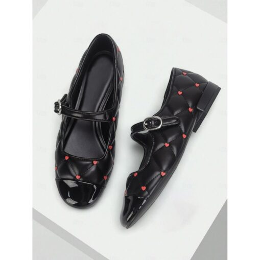 Women's Quilted Mary Jane Flats with Heart Accents - Black and White Patent Leather Shoes for Casual and Formal Events 2025 - Image 2