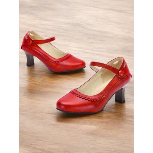 Women's Vintage Green Faux Leather Mary Jane Heels with Scalloped Edge and Button Detail - Comfortable Low Heels for Work, Formal Events and Retro St - Image 3