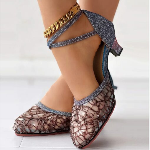 Women's Gold Silver Lace Ballroom Dance Shoes with Ankle Strap and Mid Heel for Latin and Salsa Dancing 2025 - Image 7