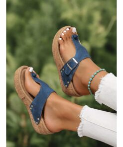 Women's Blue Wedge Sandals with Buckle Strap and Stud Details, Comfortable Summer Shoes for Casual and Beach Wear 2025