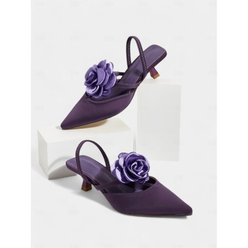 Women's Purple Satin Slingback Wedding Shoes with Rose Flower Detail, Pointed Toe, and Kitten Heel – Elegant Bridal Heels for Weddings and Formal Eve