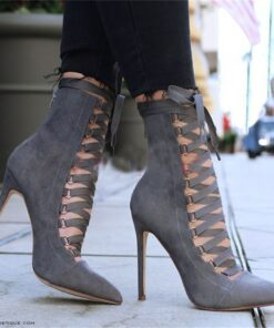 Women's Grey Suede Lace-Up Stiletto Ankle Boots – Elegant Pointed Toe High Heels for Parties and Formal Events 2025