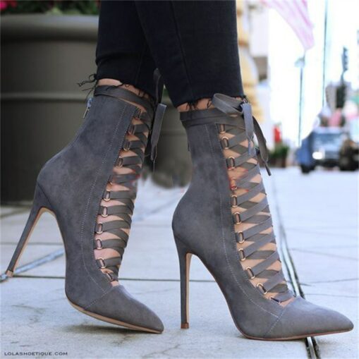 Women's Grey Suede Lace-Up Stiletto Ankle Boots – Elegant Pointed Toe High Heels for Parties and Formal Events 2025