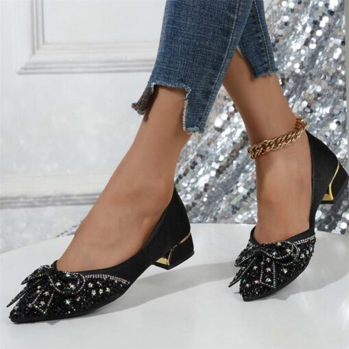 Women's Glitter Flats with Bow Detail - Elegant Rhinestone Embellished Low-Heel Shoes for Party and Formal Occasions 2025 - Image 2
