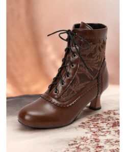 Women's Brown Lace-Up Victorian Ankle Boots with Lace Design and Kitten Heel – Vintage Style for Cosplay or Everyday Wear 2025