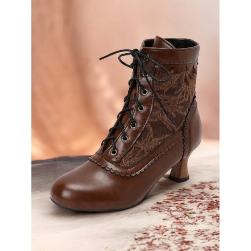 Women's Brown Lace-Up Victorian Ankle Boots with Lace Design and Kitten Heel – Vintage Style for Cosplay or Everyday Wear 2025