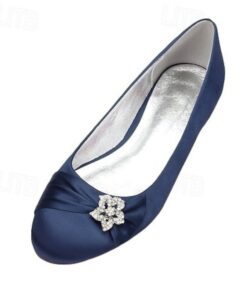 Women's Navy Satin Ballet Flats with Rhinestone Floral Embellishment - Elegant Wedding or Evening Shoes 2025