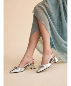 Women's Silver Slingback Block Heel Shoes - Elegant Bow Decor Dress Shoes for Evening and Party 2025