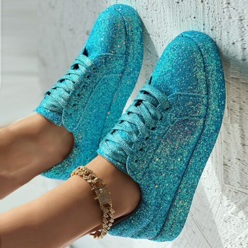 Women's Silver Glitter Platform Sneakers - Sparkly Lace-Up Casual Shoes for Parties and Street Style 2025 - Image 3