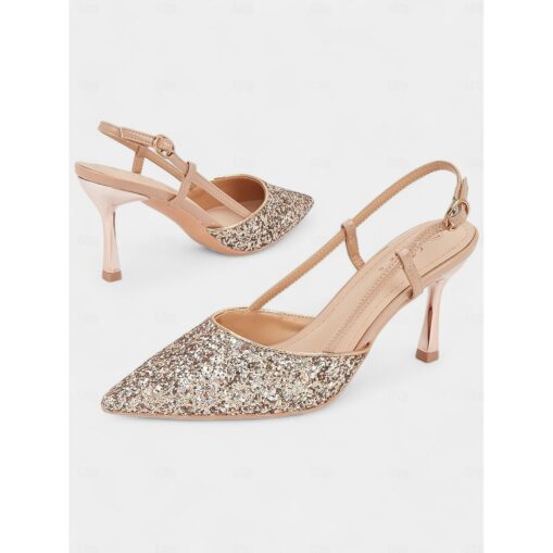Sparkly Rose Gold Slingback Heels with Adjustable Ankle Strap and Kitten Heels for Women - Ideal for Weddings and Special Occasions 2025