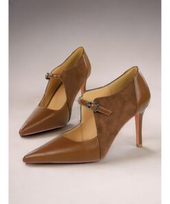 Women's Brown Faux Leather and Suede T-Strap High Heels with Buckle – Vintage-Inspired Formal Pumps for Parties and Work 2025