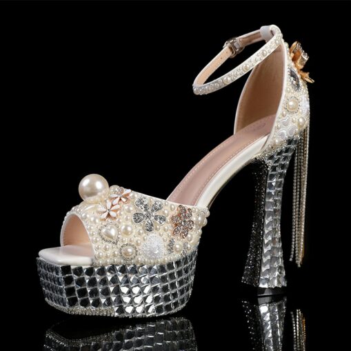 Women's White Rhinestone and Pearl Embellished Platform Stiletto Heels with Bow Accent – Luxury Bridal Wedding Shoes 2025 - Image 2