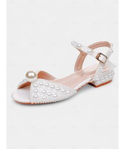 Women's White Pearl-Embellished Low Heel Sandals – Elegant Open-Toe Wedding & Prom Shoes 2025