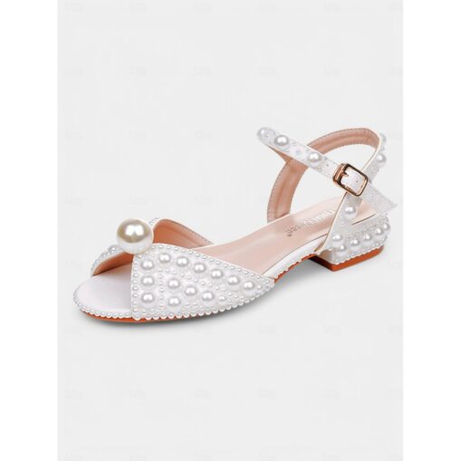 Women's White Pearl-Embellished Low Heel Sandals – Elegant Open-Toe Wedding & Prom Shoes 2025