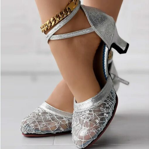 Women's Gold Silver Lace Ballroom Dance Shoes with Ankle Strap and Mid Heel for Latin and Salsa Dancing 2025 - Image 2