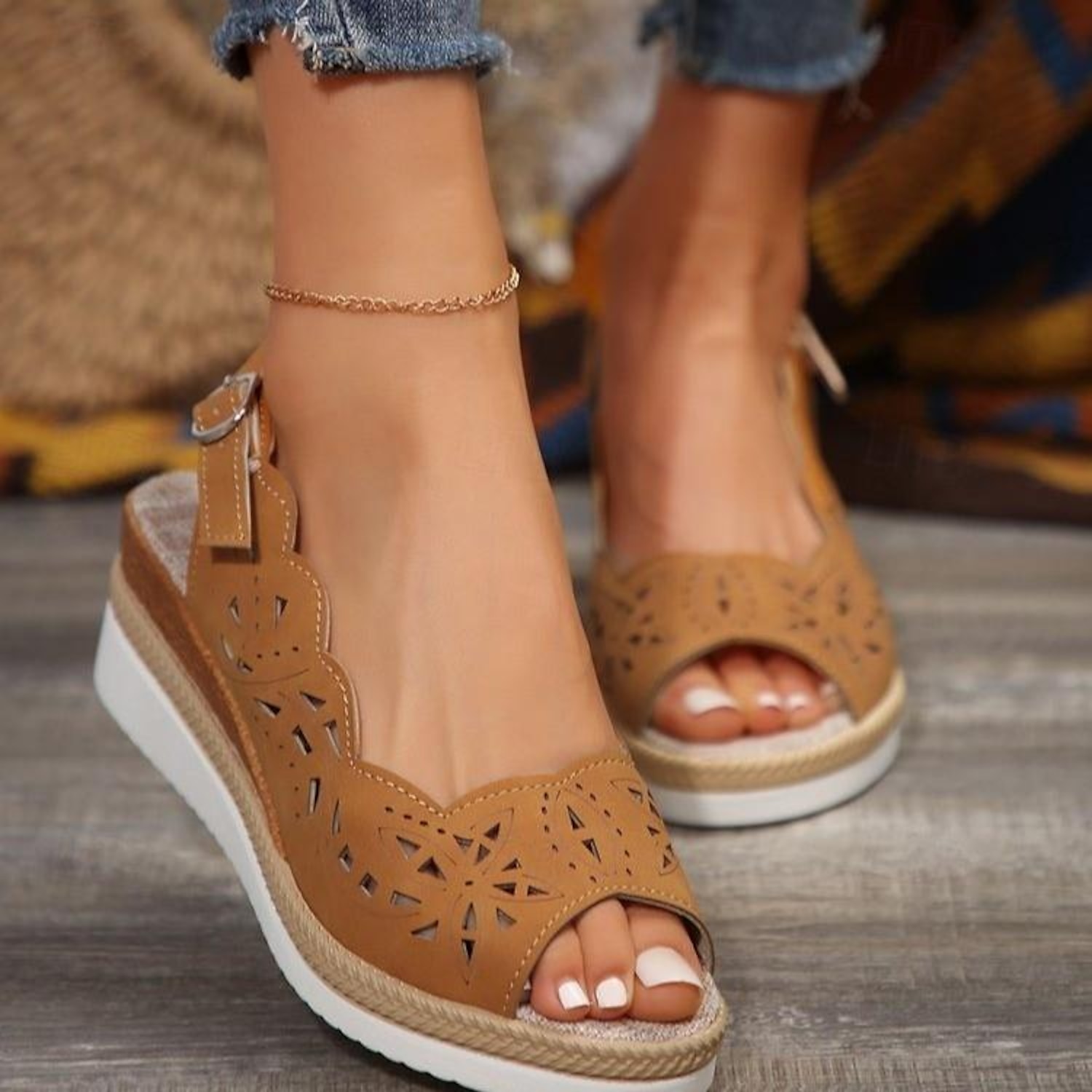 Women's Wedge Sandals Platform Sandals Openwork Hollow Out Peep Toe Slingback Strap Black Wine Brown 2025 - Image 2