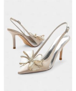 Pointed-Toe Stiletto Wedding Heels for Women – Elegant Slingback Bridal Shoes with Rhinestone Bow Design 2025