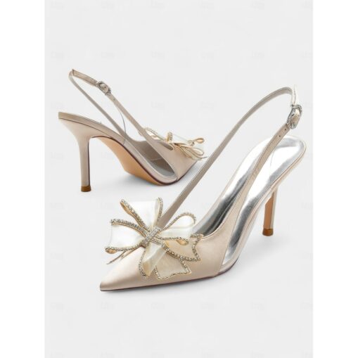 Pointed-Toe Stiletto Wedding Heels for Women – Elegant Slingback Bridal Shoes with Rhinestone Bow Design 2025