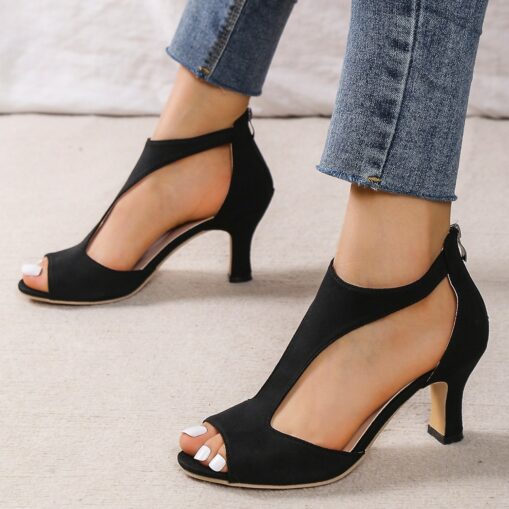 Women's Black Cut-Out Peep-Toe High Heels – Elegant Zipper Closure Sandals for Parties and Evening Wear 2025