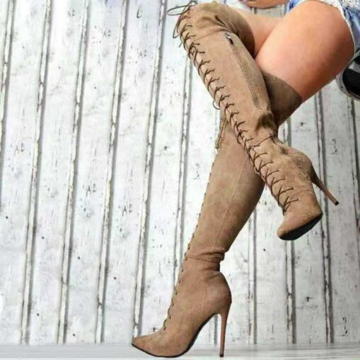 Women's Lace-Up Over-the-Knee Boots - Black & Burgundy Thigh-High Stiletto Heels for Winter Fashion and Night Out 2025 - Image 4