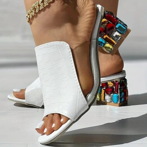 Women's White Croc-Embossed Open-Toe Sandals – Chic Slip-On Block Heels with Colorful Rhinestone Embellishments for Party & Summer Wear 2025