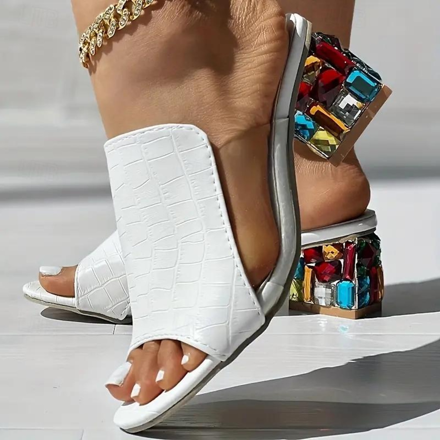 Women's White Croc-Embossed Open-Toe Sandals – Chic Slip-On Block Heels with Colorful Rhinestone Embellishments for Party & Summer Wear 2025
