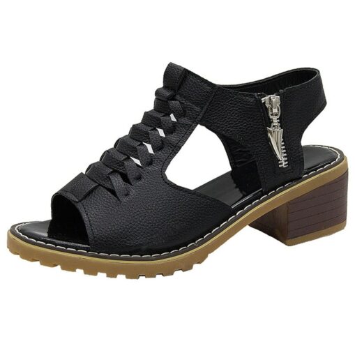 Women's Sandals Block Heel Sandals Daily Beach Solid Color Solid Colored Summer Block Heel Low Heel Peep Toe Casual PU Leather PU Zipper Black White B - Image 3