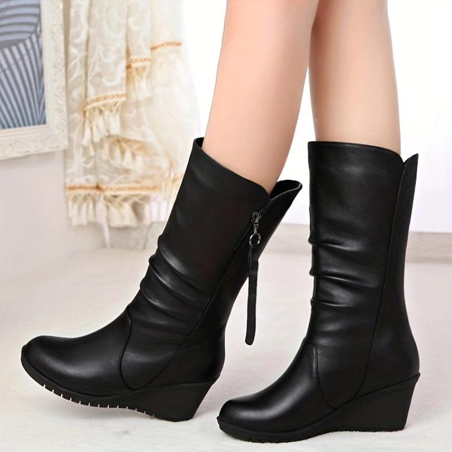 Women's Boots Slouchy Boots Plus Size Height Increasing Shoes Outdoor Work Daily Solid Color Mid Calf Boots Winter Wedge Heel Round Toe Elegant Fashio