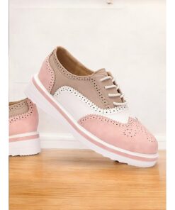 Women's Pink and Beige Brogue Oxford Sneakers, Lace-Up Casual Shoes with Wingtip Detailing for Everyday Wear 2025