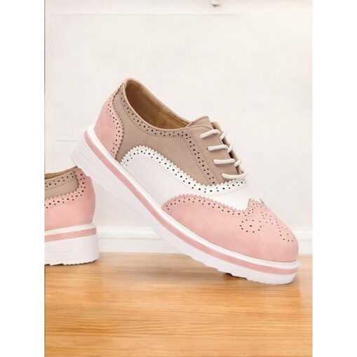 Women's Pink and Beige Brogue Oxford Sneakers, Lace-Up Casual Shoes with Wingtip Detailing for Everyday Wear 2025