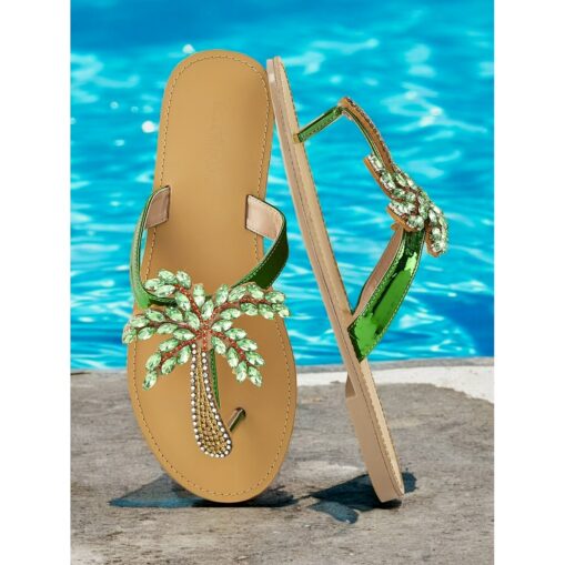 Women's Green Palm Tree Embellished Flip-Flop Sandals – Glamorous Summer Beachwear for Casual and Vacation Looks 2025
