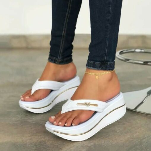 Women's Denim Wedge Flip-Flop Sandals – Stylish Casual Beachwear with Comfort Sole and Metal Accent 2025 - Image 2