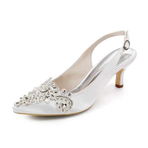 Women's Champagne Satin Slingback Heels with Rhinestone Embellishments - Elegant Bridal Shoes for Weddings and Formal Events 2025 - Image 4